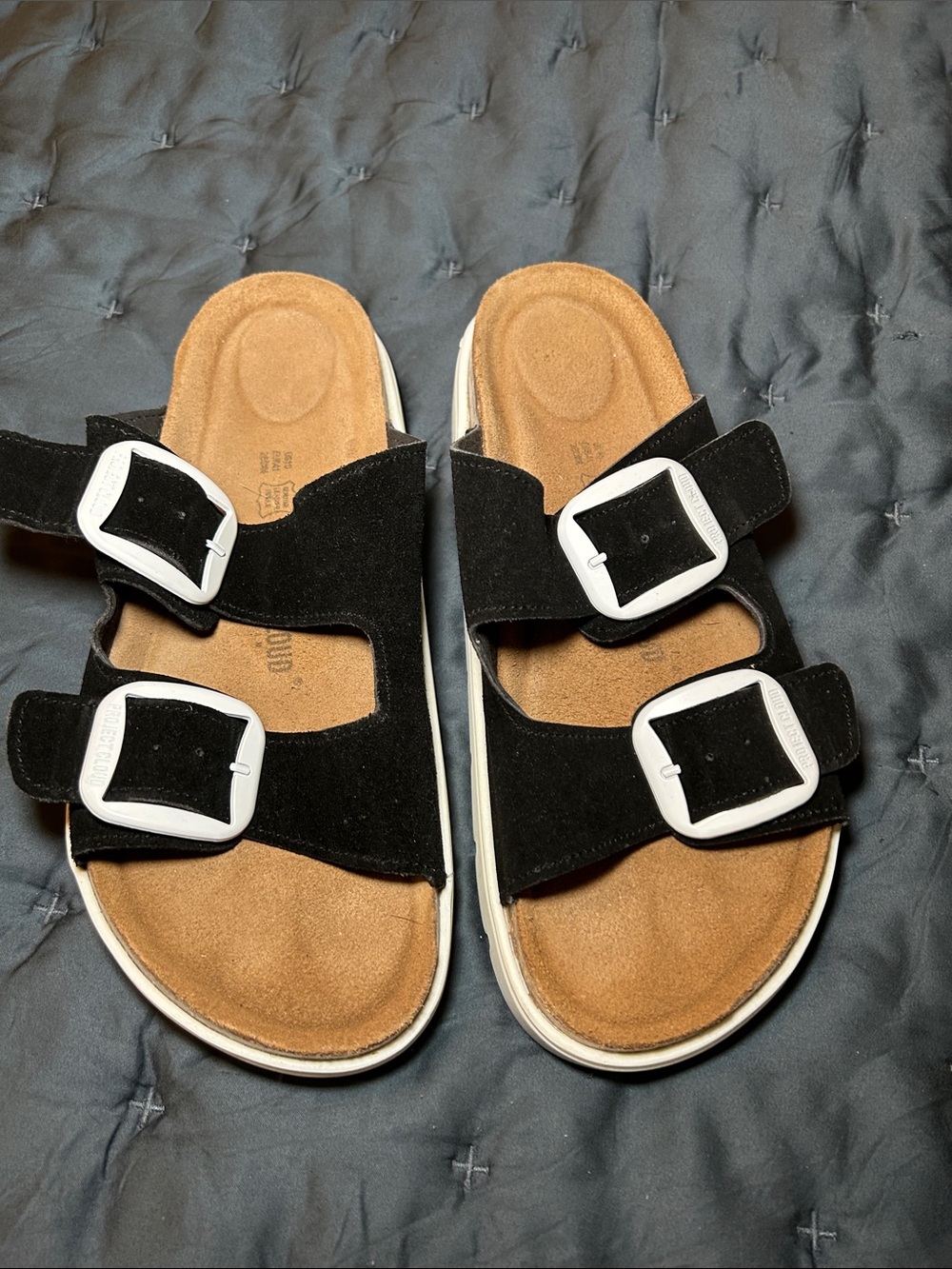 Black Suede Double-Buckle Slide Sandals
